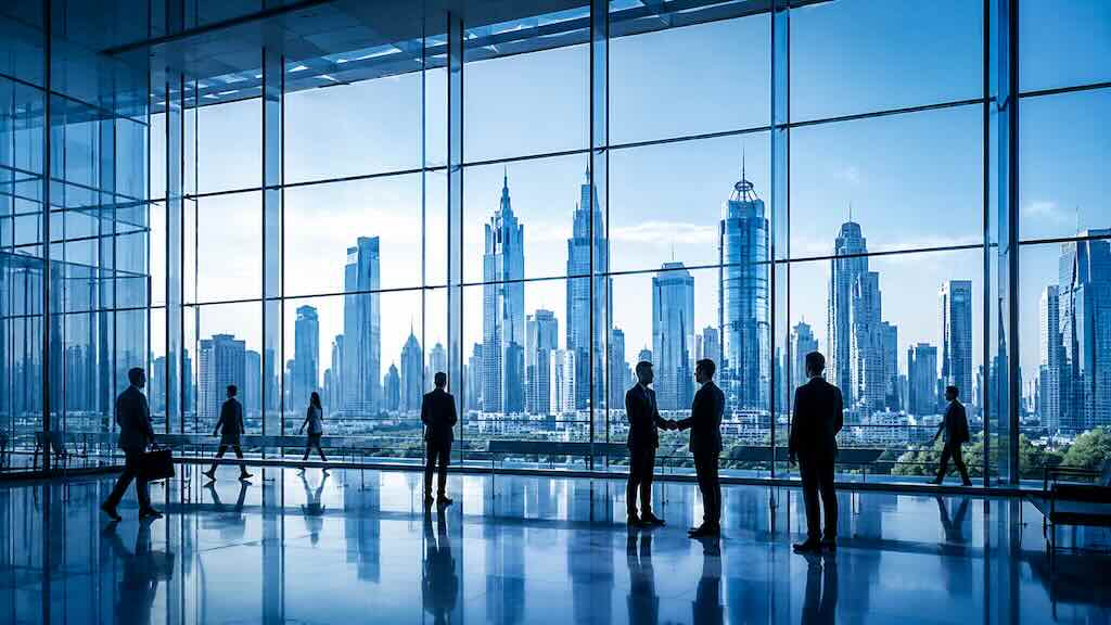 Corporate business environment overlooking a city